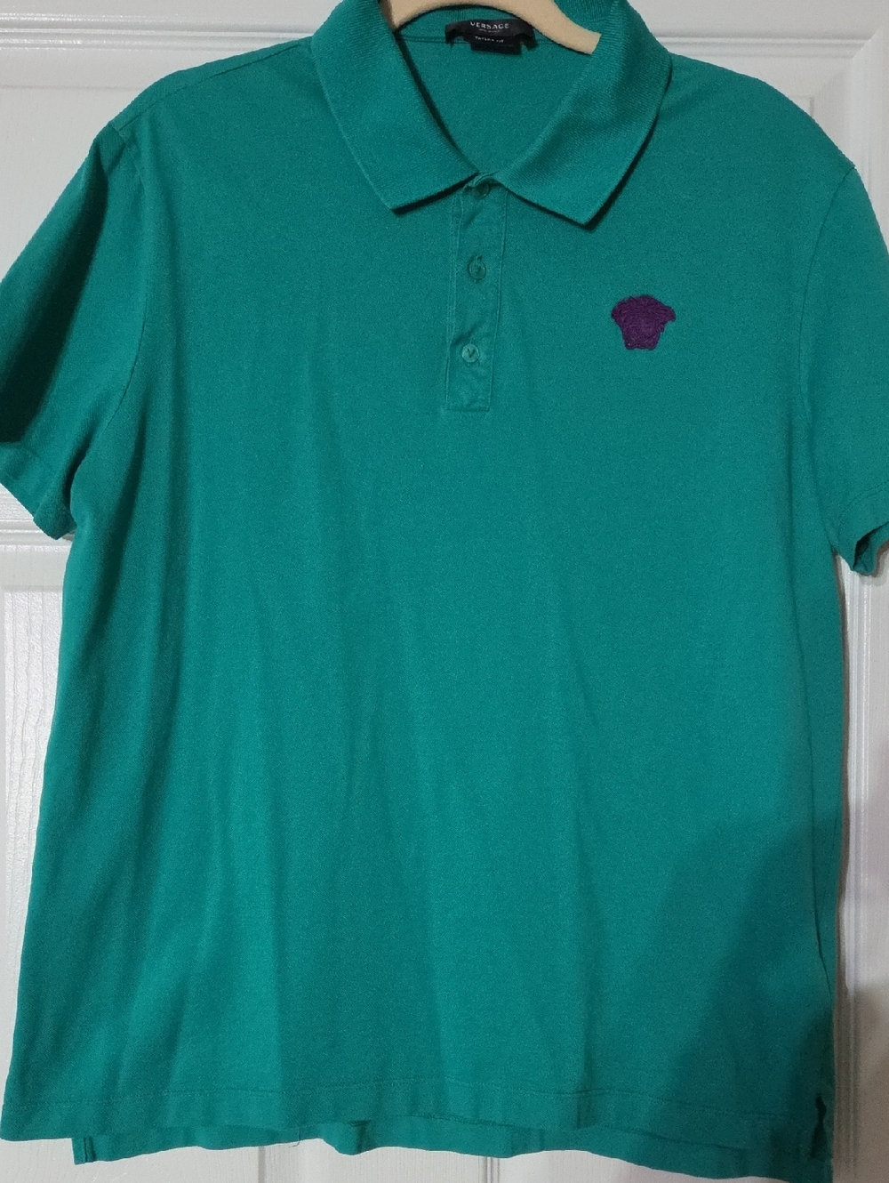 Versace Teal Polo with Purple Medusa Patch